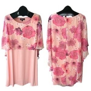 NWT Glamour Night Womens Midi Dress Pink Overlay Cape Floral Short Sleeve Size16